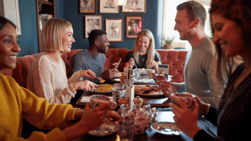 Adults sharing a meal together in a café, representing social eating and mealtime participation.