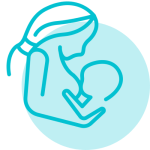 Line icon of a parent holding and feeding a baby, representing infant feeding support.
