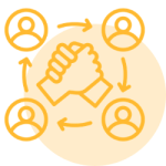 Orange icon of a hand reaching outward with connected people, representing communication and shared support.