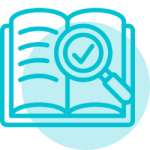 Turquoise icon of an open book with a magnifying glass, representing evidence‑based practice.