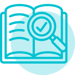 Evidence‑based Icon – Thrive Feeding Clinic Turquoise icon of an open book with a magnifying glass, representing evidence‑based practice.