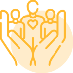 Yellow icon of three people with a heart held between two hands, representing caring and family‑centred support.