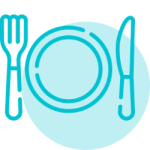 Simple plate with knife and fork icon representing adult feeding and mealtime participation.