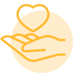 Yellow icon of a hand holding a heart, representing compassion and supportive care.