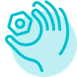 Occupational therapy icon showing a hand with a gear, representing sensory processing and mealtime participation.