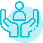 Turquoise icon of two hands supporting a person, representing person‑centred care.