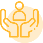 Yellow icon of two hands holding a circular figure, representing person‑centred care.