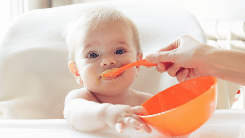 Baby sitting in a high chair being gently offered a spoonful of food, representing early solids exploration and oral‑motor development.