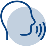 Speech pathology icon showing a head with sound waves, representing communication and swallowing support.