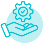 Hand cupping a cog with a tick, representing support worker training and skill development.