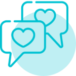 Two speech bubbles with heart symbols representing supportive, confident parent–child communication during mealtimes.
