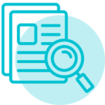 Teal icon of documents with a magnifying glass representing assessment and review.
