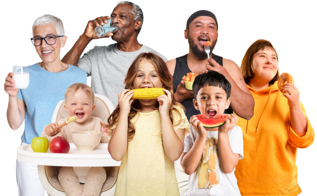 People of different ages eating a variety of foods, representing feeding and swallowing support across the lifespan.