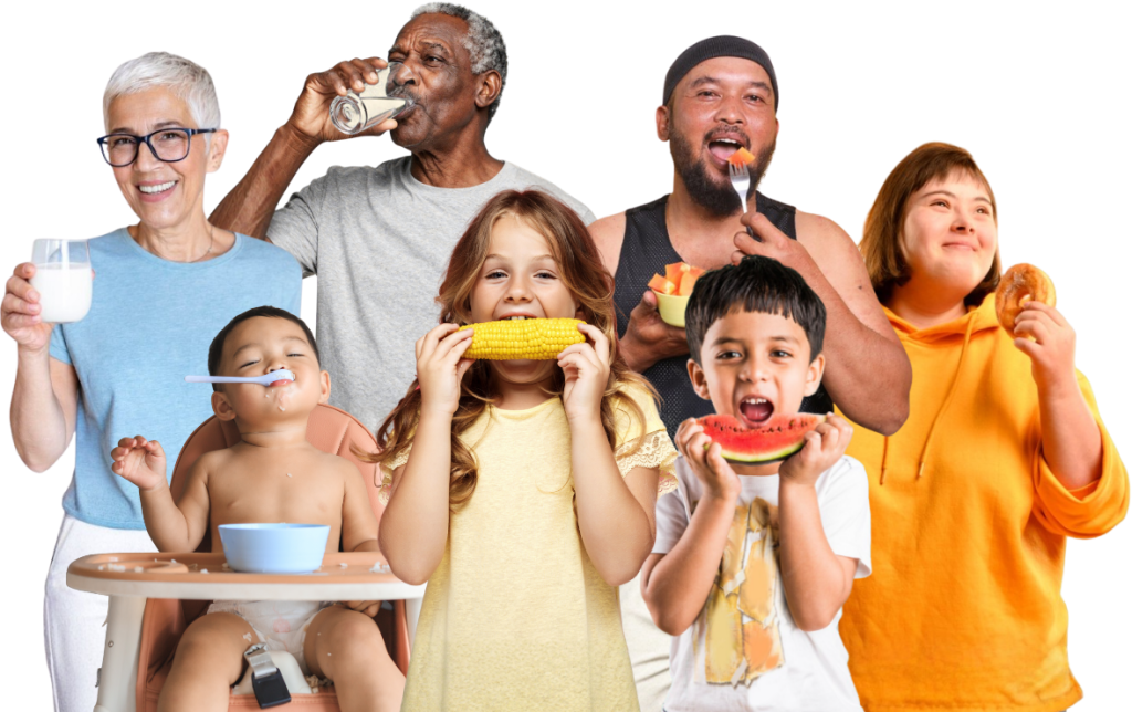 Feeding & Swallowing Support Across the Lifespan | Thrive Feeding Clinic Newcastle People of different ages eating a variety of foods, representing feeding and swallowing support across the lifespan.